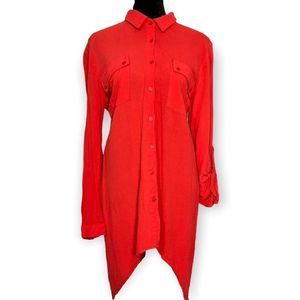 Now N Forever Tunic Blouse Shark Asymmetrical Hem Size Medium Orange Roll Tab